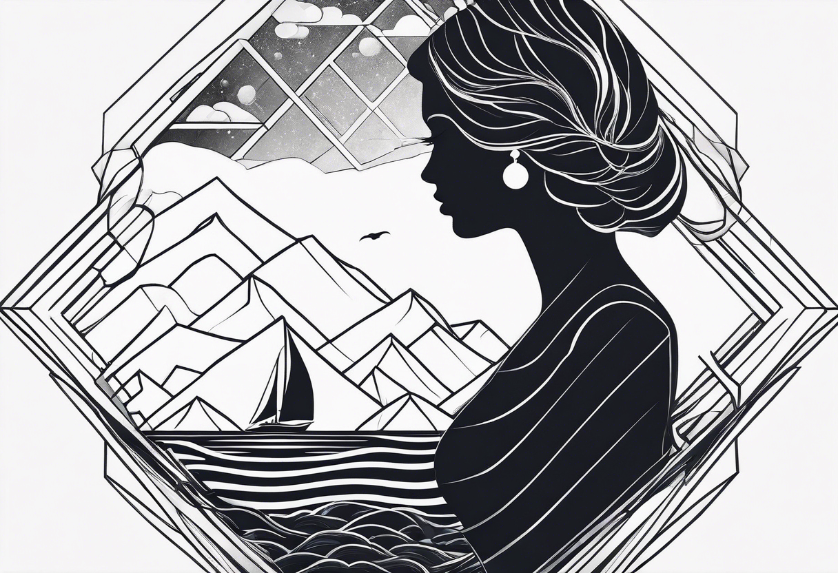 geometric silhouette lady iceberg with a man swimming tattoo idea