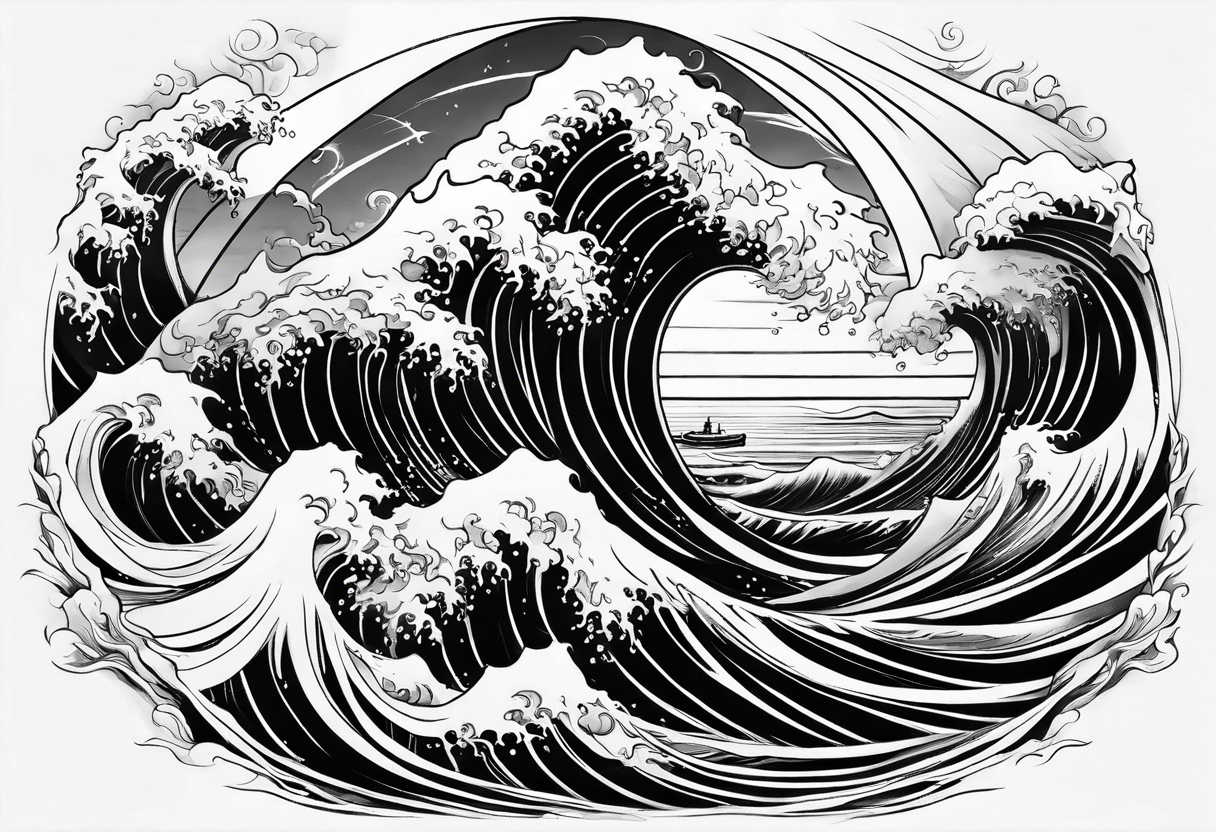 stormy sea waves, full-length woman in the middle of the storm tattoo idea