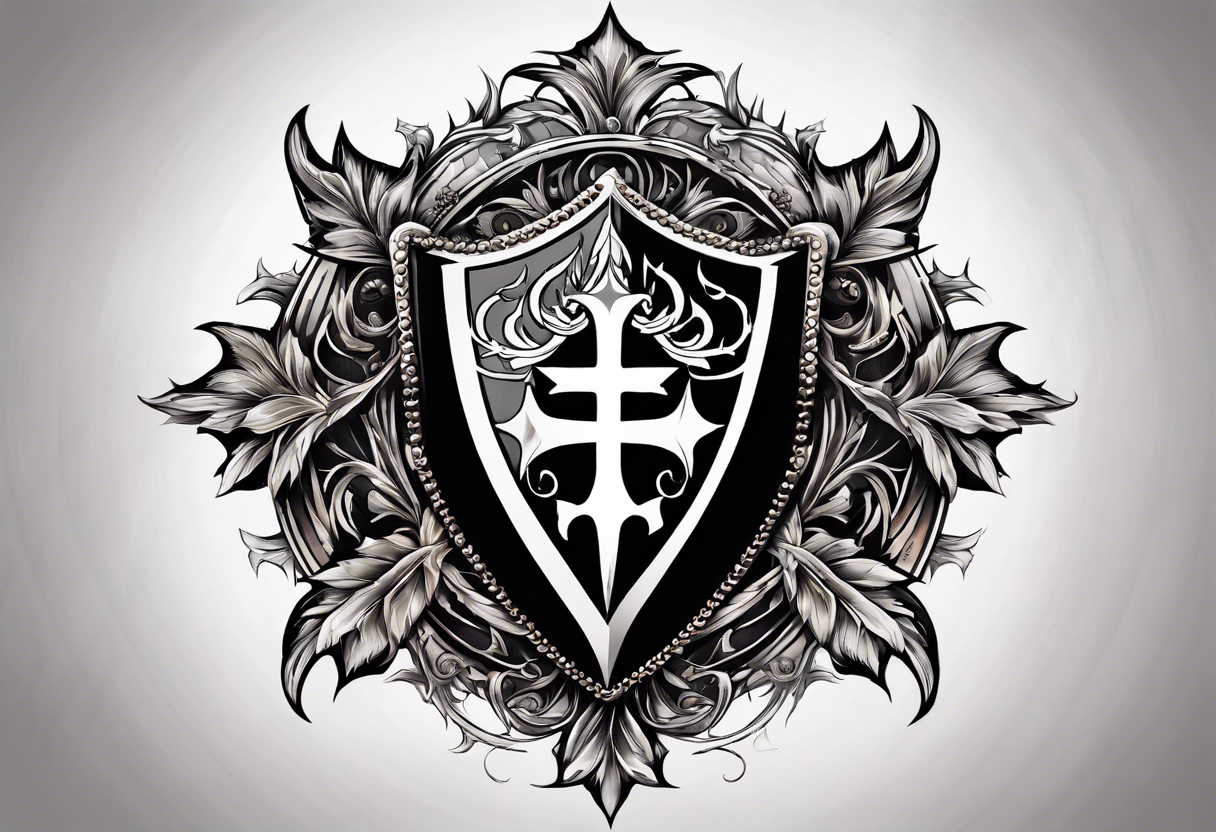 A beautifully adorned shield with a subtle crown of thorns encircling it, radiating an aura of divine power. tattoo idea