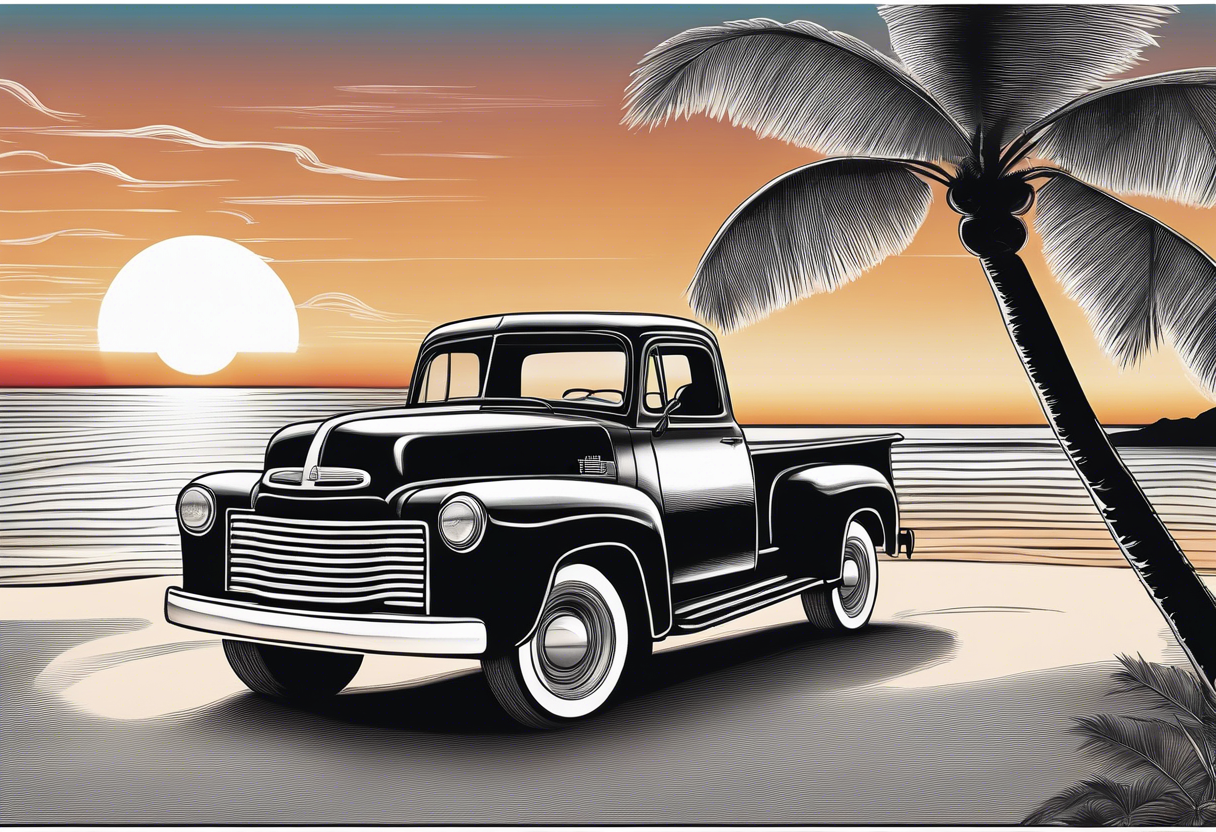 Beach theme, palm trees,waves, sunset, classic truck, marijuana leaf tattoo idea