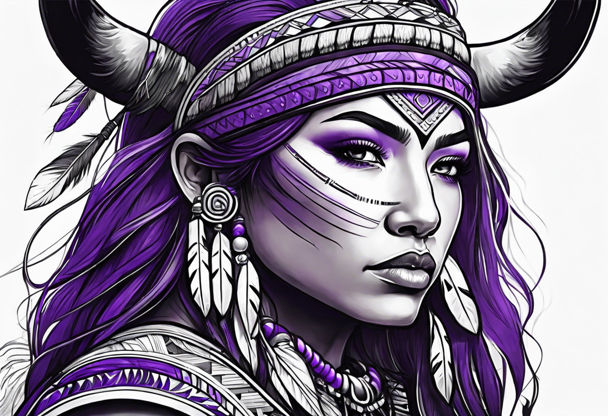 native american female archer on a purple buffalo tattoo idea