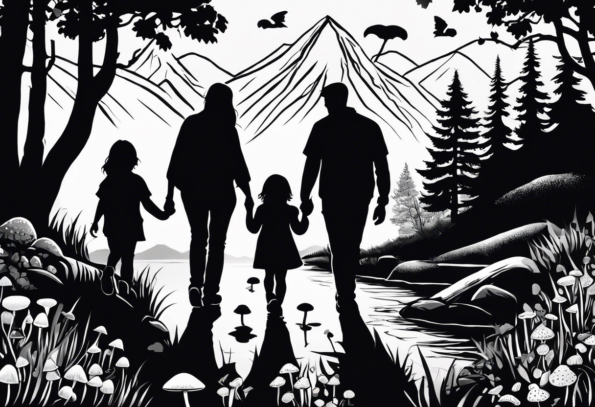 Family silhouette of a father, a mother with long straight blonde hair, grown son, middle daughter, and small daughter foraging mushrooms with mountains and creek in background tattoo idea