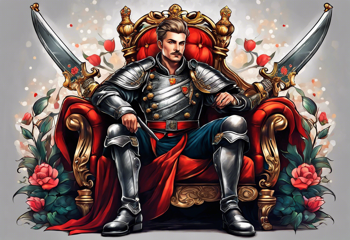 a german prince is dressed as a solider and sitting on a throne with a sceptor in one hand and a knife in the other tattoo idea