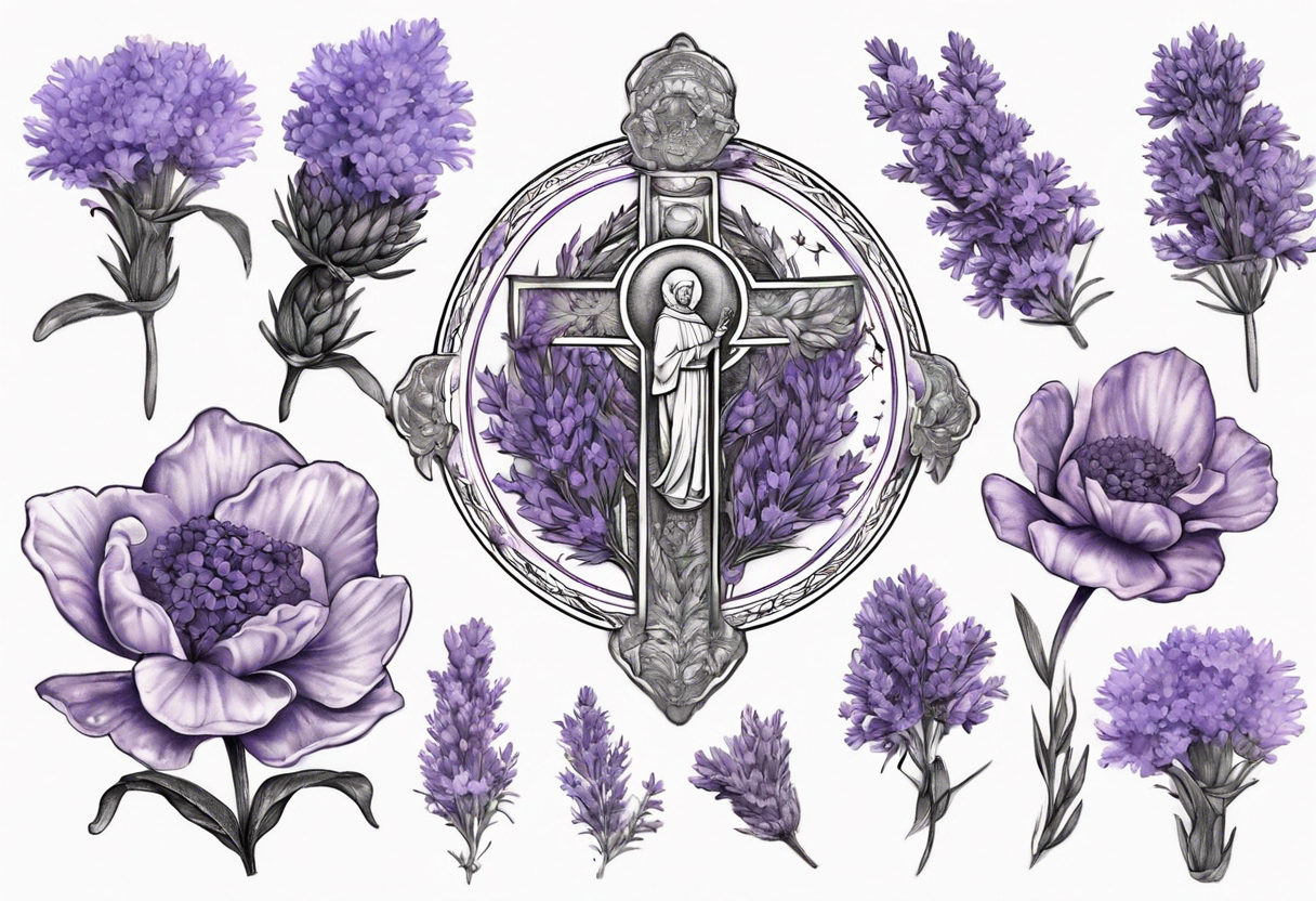 Double exposure of lavender flowers with the Saint Benedict medal, for a tattoo tattoo idea