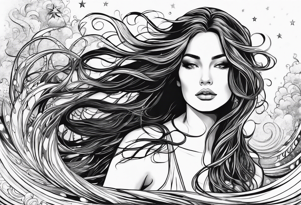 long-haired woman emerging from water, reaching up to a star tattoo idea