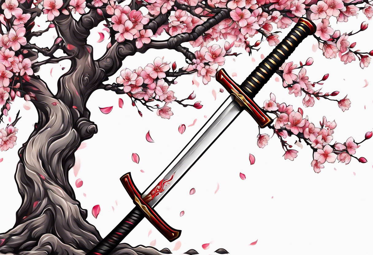 Japanese cherry tree with a katana laying against it tattoo idea