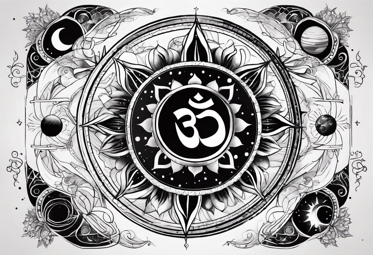 engineering and nature revolving around solar system with OM symbol in the center tattoo idea