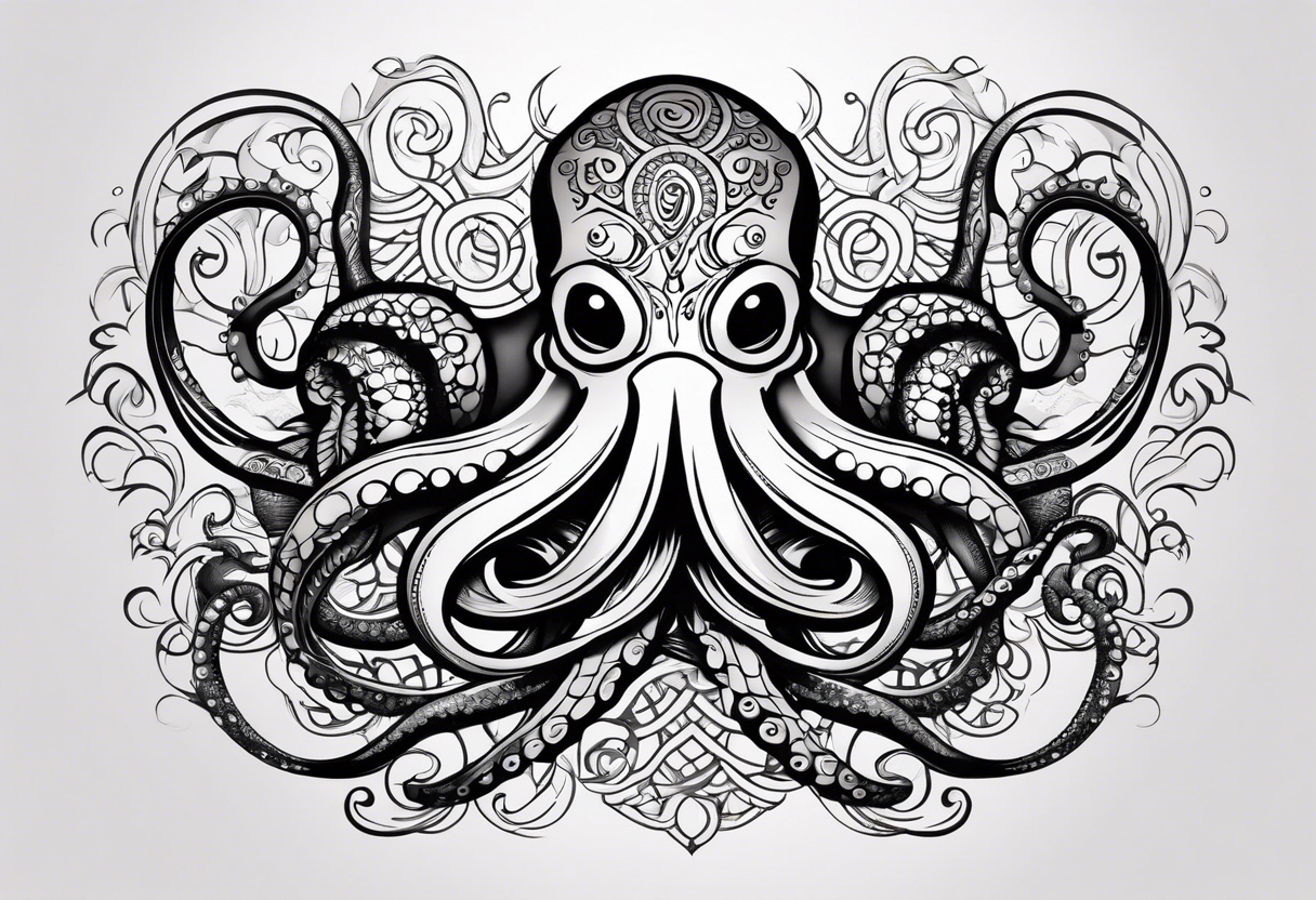 Tribal half sleeve octopus surrounded by ribbons of water waves filled with fish and a tribal sea turtle hidden in the lines of the head of the octopus tattoo idea