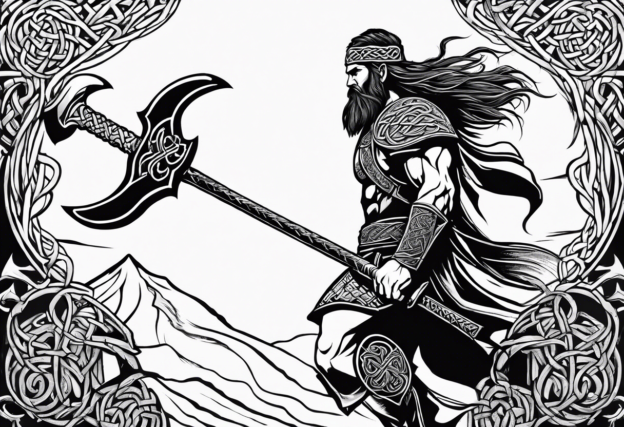 Full body side profile of
Celtic warrior with an axe in one hand and a sword in the other walking into battle tattoo idea