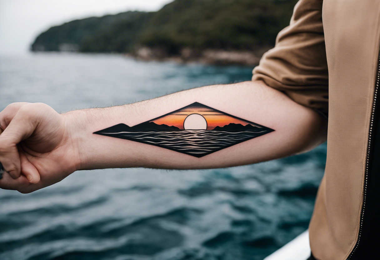 Minimalistic, black and white tattoo on male forearm. From the perspective  of being on the ocean,