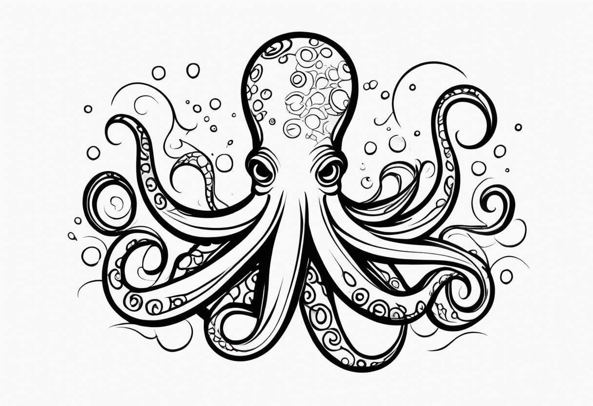 Tribal half sleeve. octopus surrounded by ribbons of water waves filled with fish. the octopus has no eyes. Use thick lines only with less detail. tattoo idea