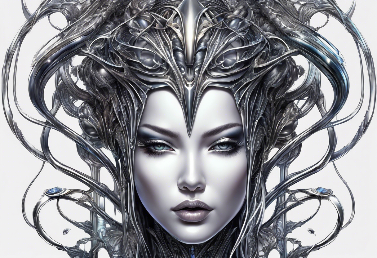 Hajime Sorayama type blended with HR Giger alien creatures with vines tattoo idea