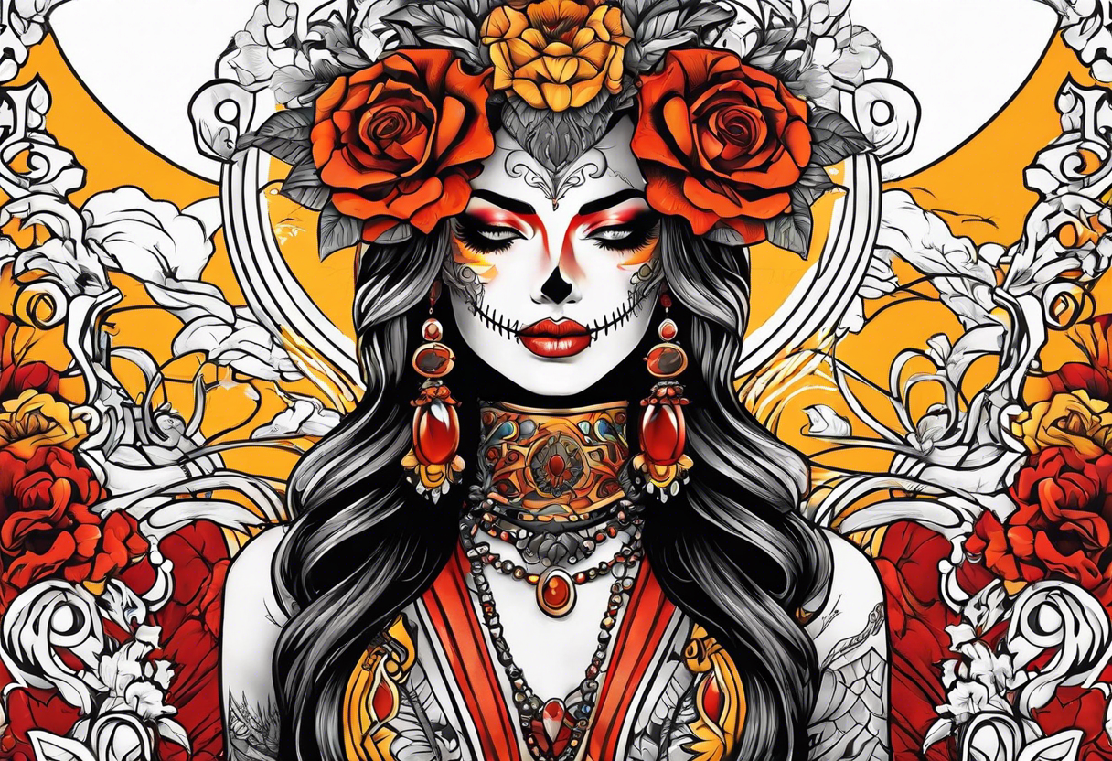 Orange, red, yellow primary colors.  Woman with skeleton head piece tattoo idea