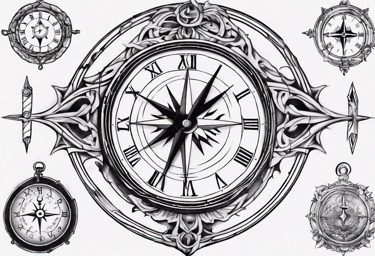 I would like a clock at the top with a Compass, from which 2 Paths schould lead away that Cross you after a time and then Go apart again to finally find themselves again. tattoo idea