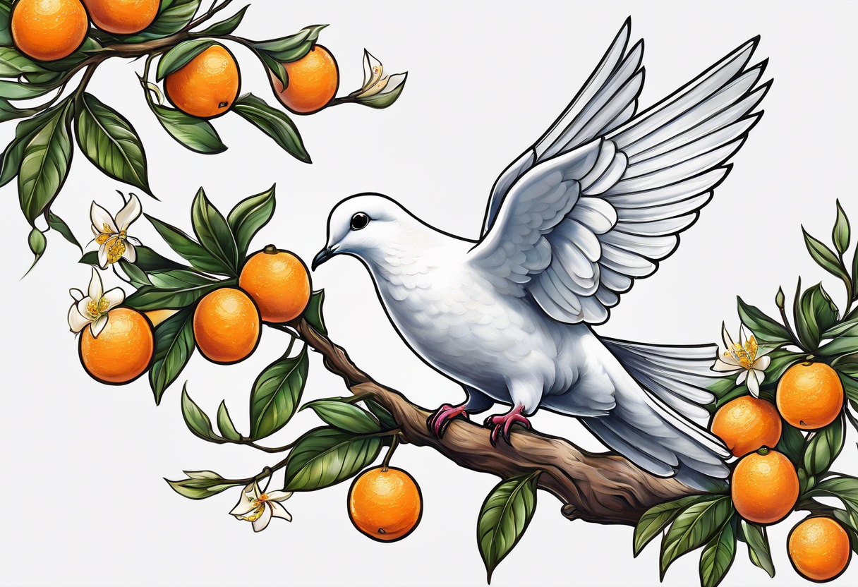 dove leaving on an orange blossom branch with its wings up tattoo idea