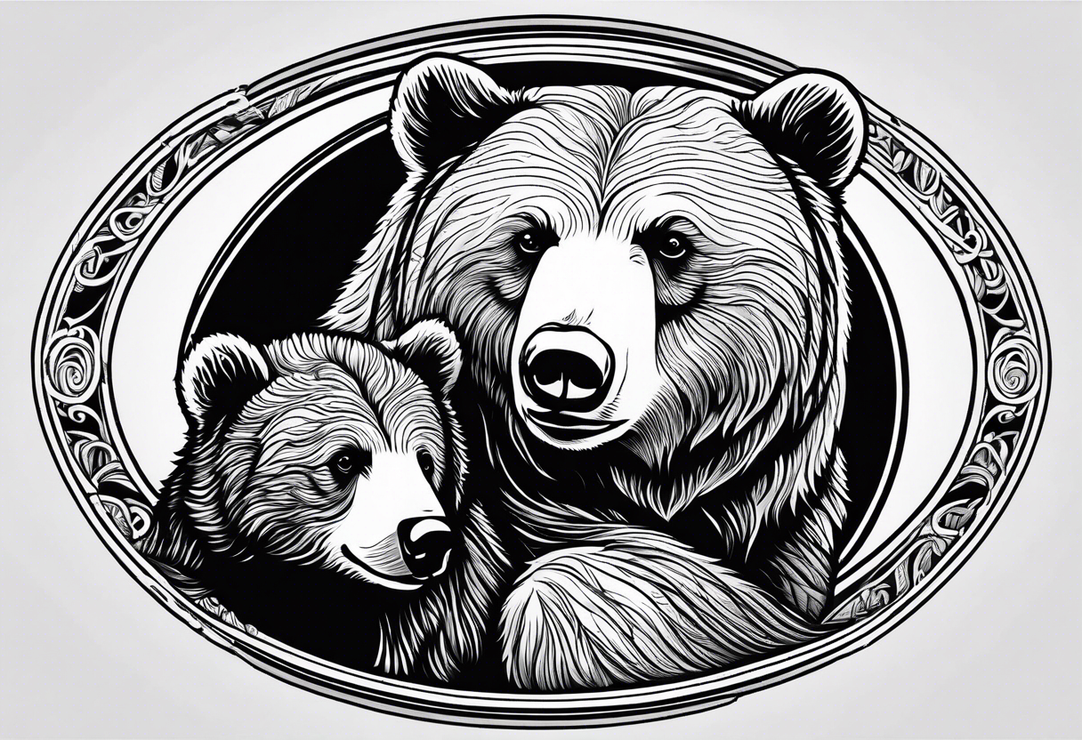 mother bear and cub enclosed in oval looking at each other tattoo idea