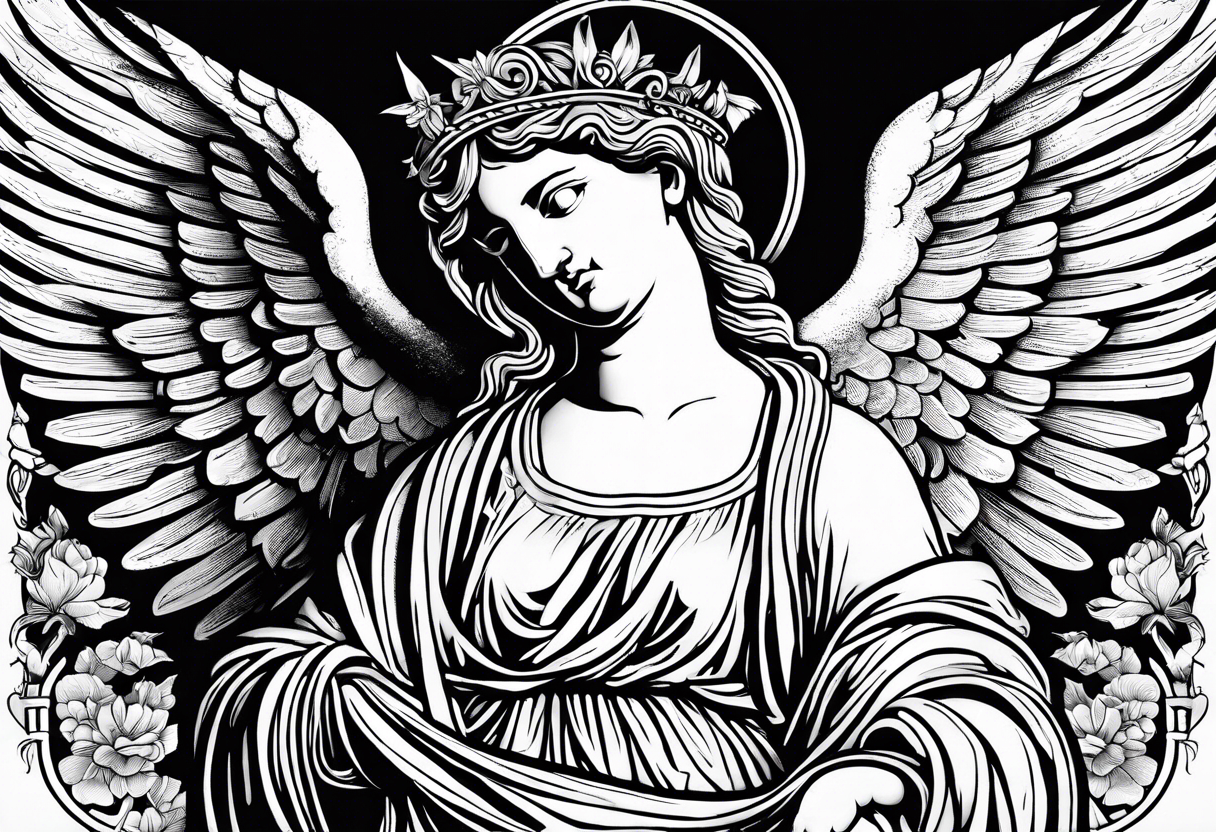 Greek statue with architectural buildings include an angel and swallows. You can use red ink as an accent. tattoo idea