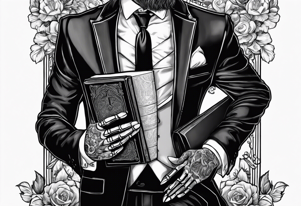 skeleton in tuxedo holding a bible tattoo idea