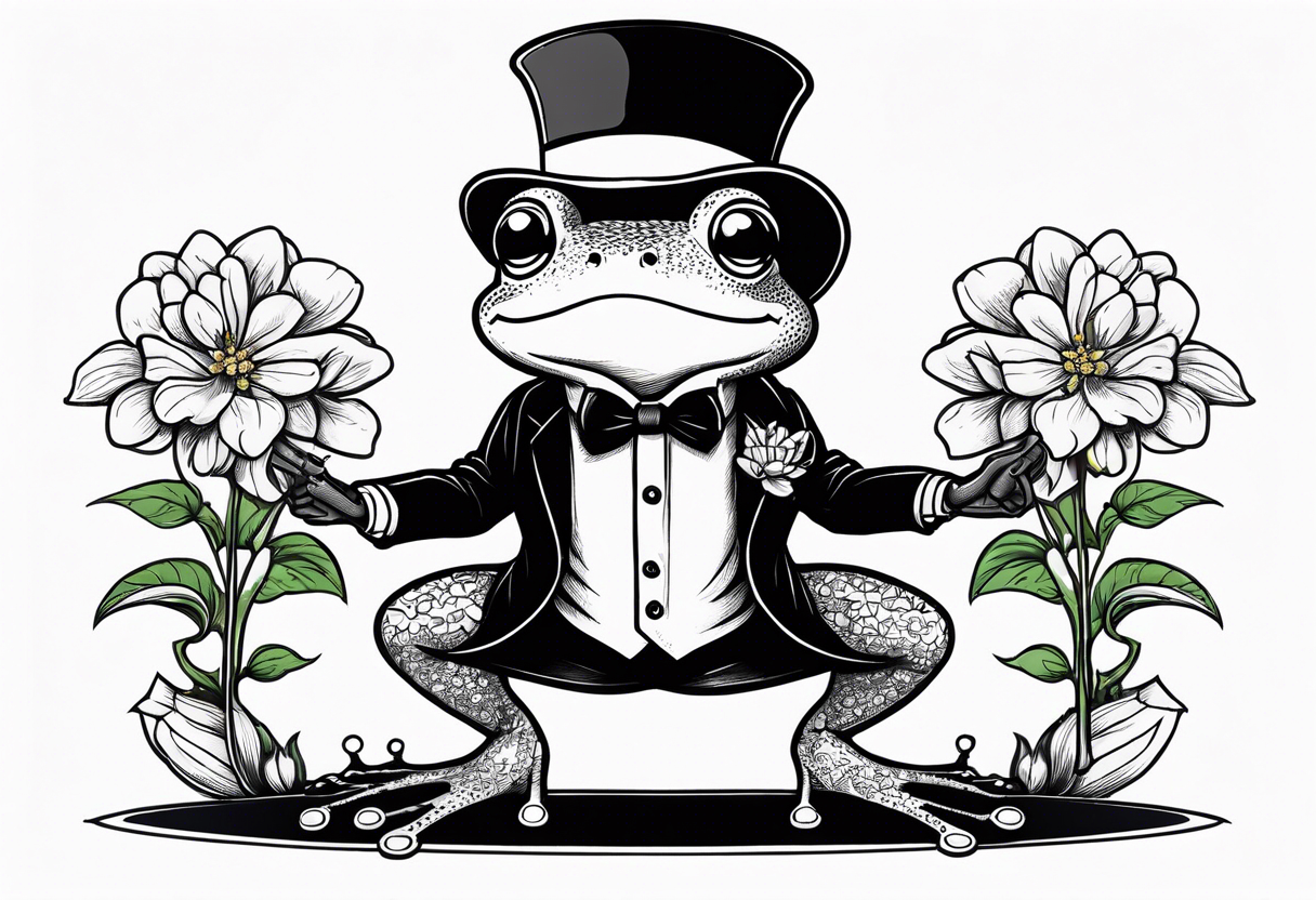 Cute Frog smiling wearing top hat and a suit standing on its Back legs while holding flowers tattoo idea