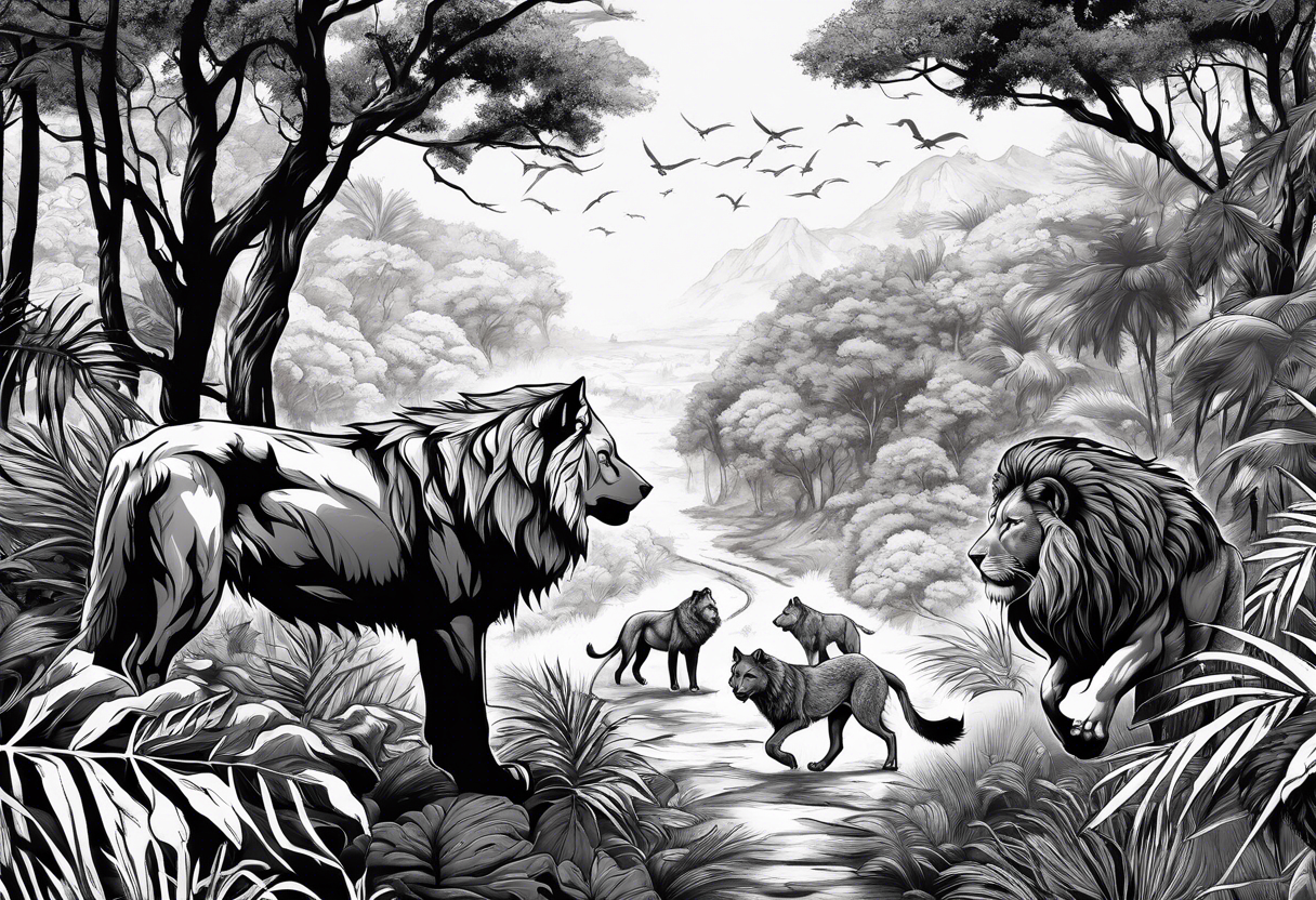 wolf pack and lion pack in the jungle far away walking towards a tree tattoo idea