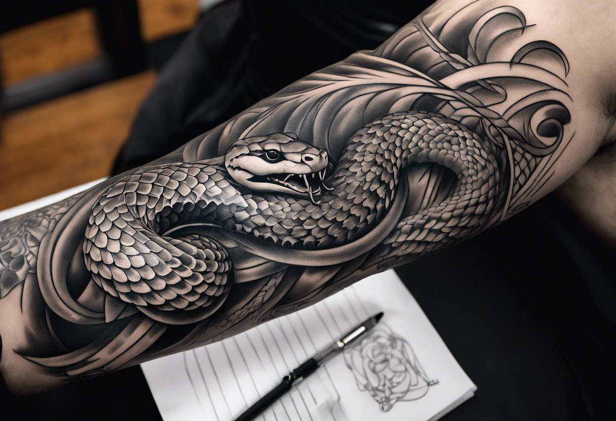 Arm sleeve with a snake winding around and down the arm, being killed by biblically accurate angels. tattoo idea