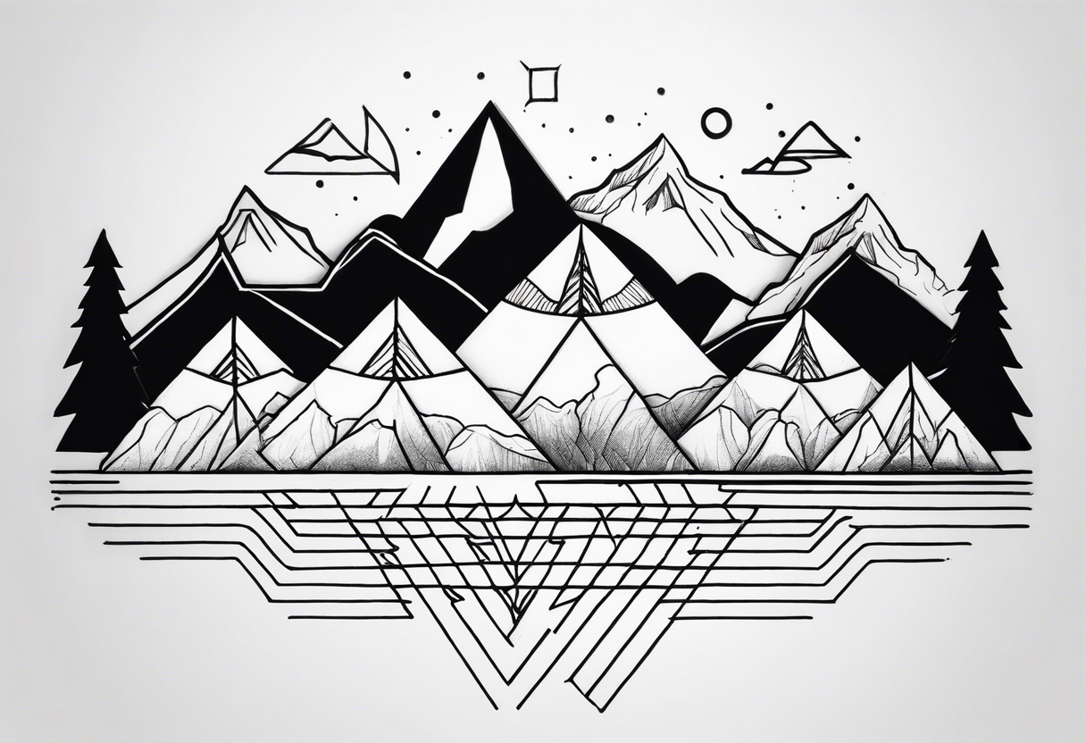 Black line tattoo with three different sizes triangles forming a mountain range with three trees tattoo idea