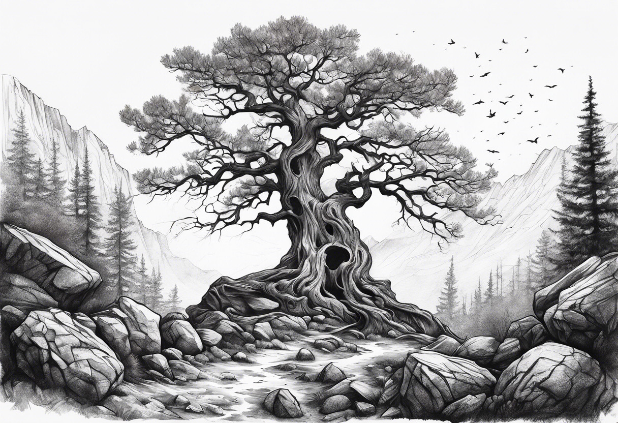 dead looking tree with rocks.  not spooky tattoo idea