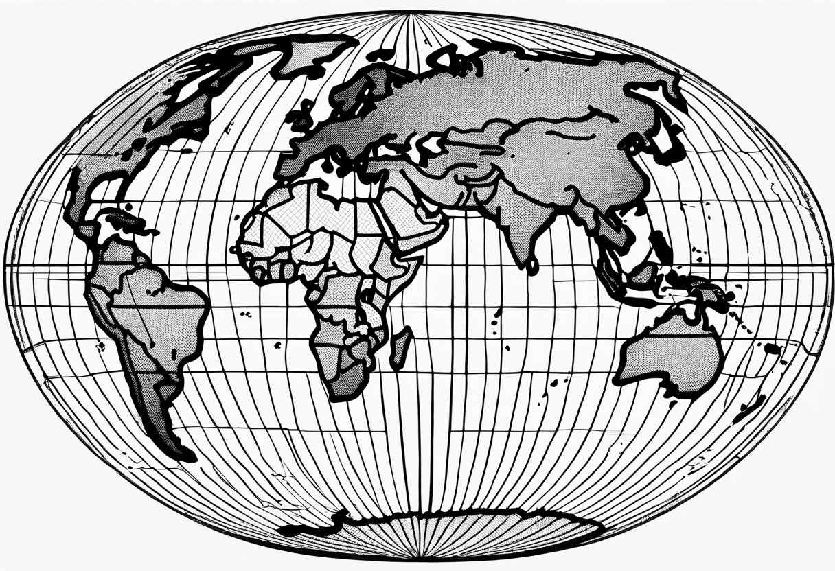 flat map of the earth with lines of a grid not shaded in with no bolding with the countries with accurate borders tattoo idea