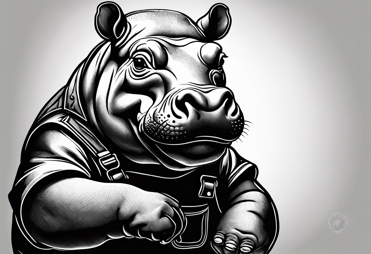 Baby hippo wearing overalls holding up his middle finger tattoo idea