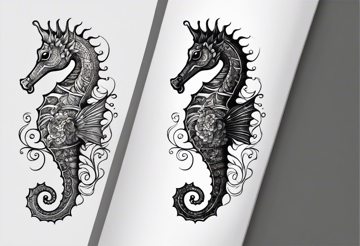 Seahorse arm tattoo with plants and sea life tattoo idea