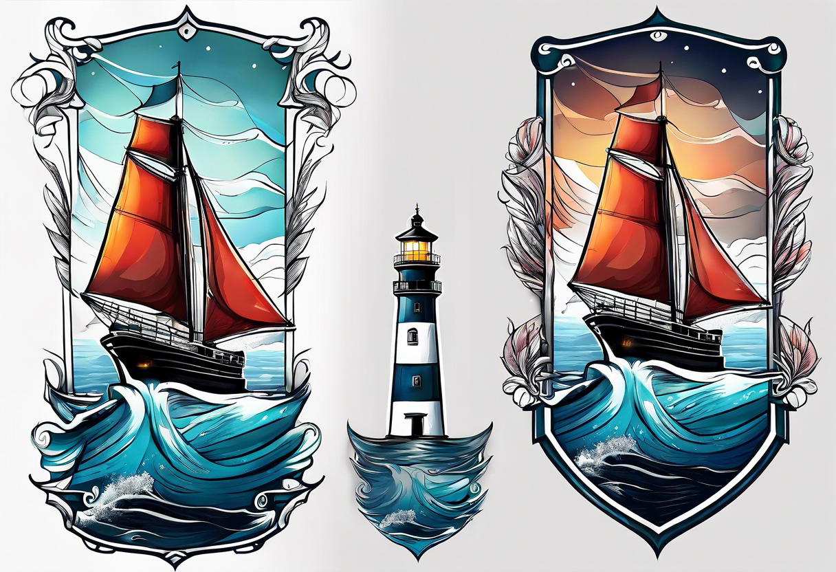 maritime lighthouse partially hidden by its large fixed sail. calm sea reflection. tattoo idea