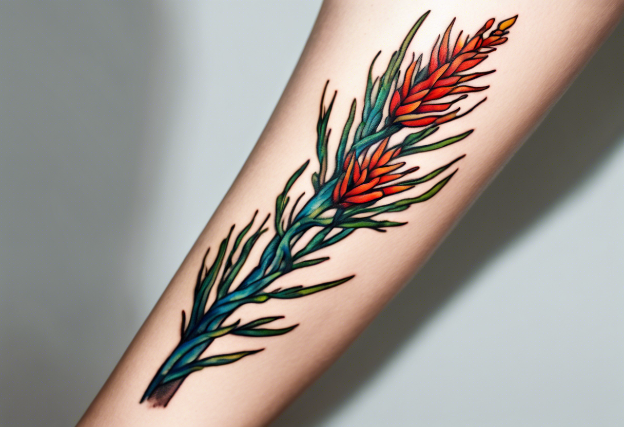 Small tattoo of ocotillo plant on the leg of  a woman, Van Gogh style, vibrant colors, high quality, Van Gogh style, vibrant colors, detailed, professional, atmospheric lighting tattoo idea