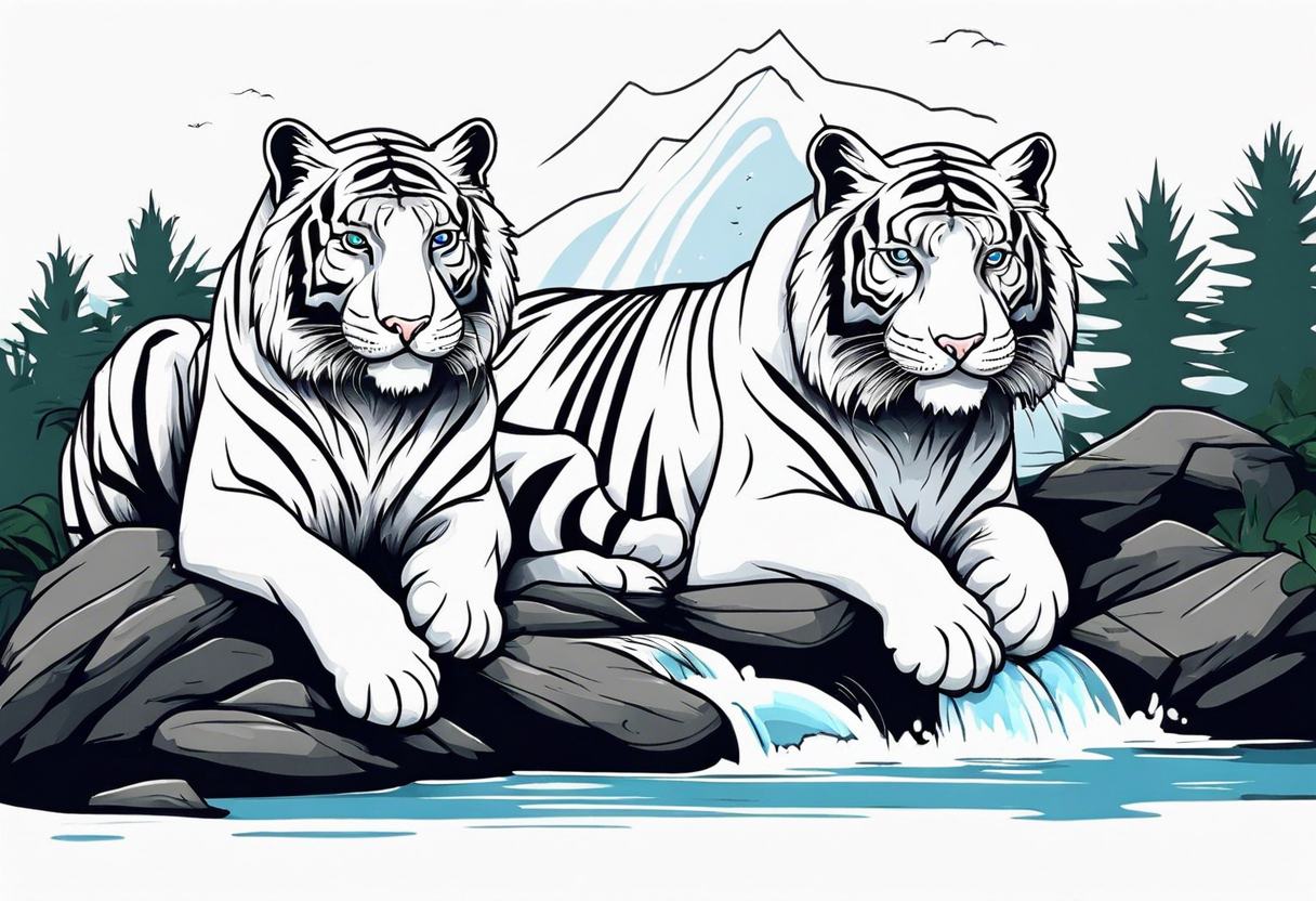 Two white tigers in nature separated by a waterfall tattoo idea