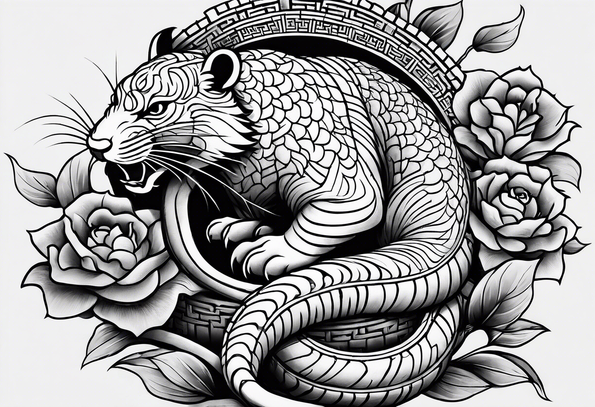 Rat behind Tiger and Snake on the great Wall of China with Temple tattoo idea