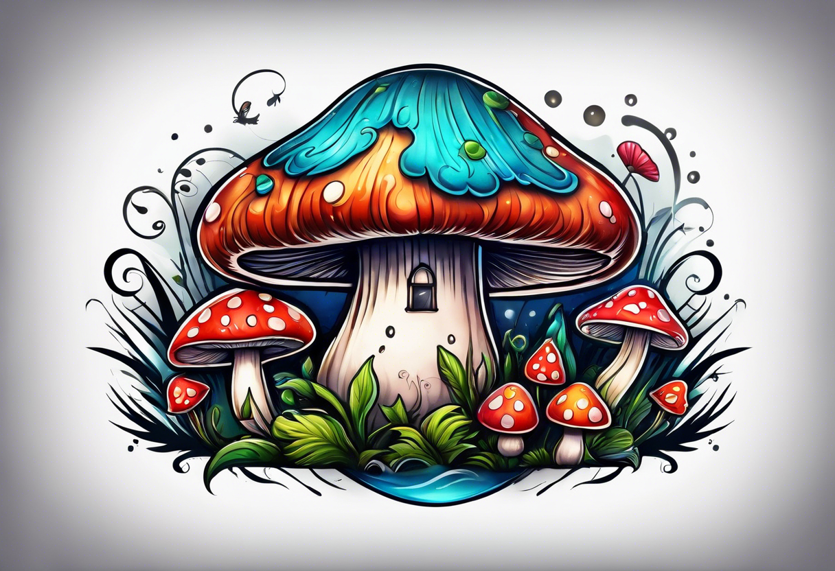 Happy anthropomorphic mushroom tattoo idea