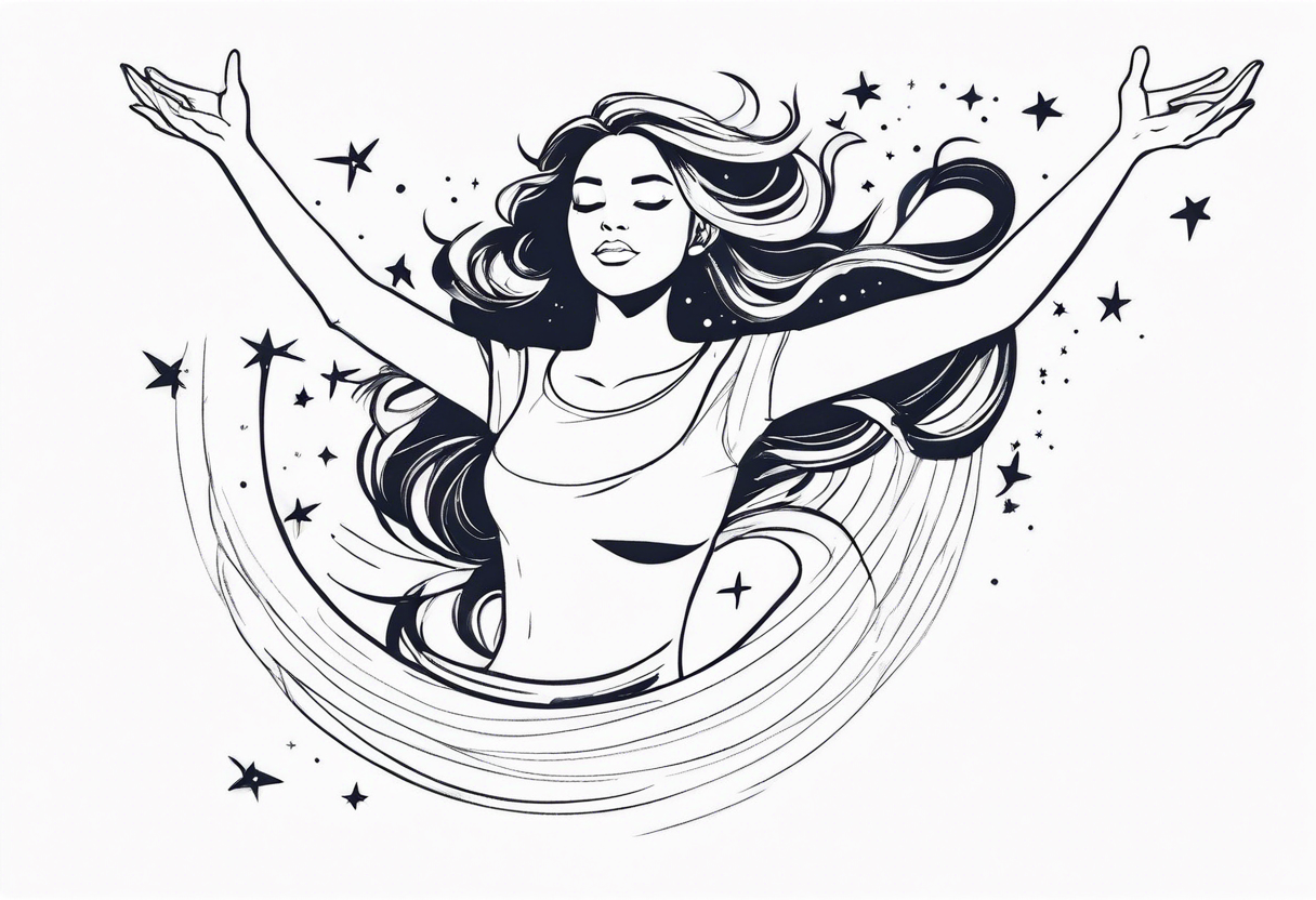 girl in water reaching arms to stars above tattoo idea