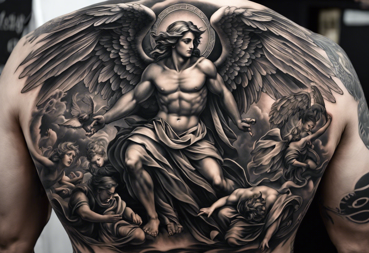 Full back piece depicting the war between angels above and demons below. Make the angels biblically accurate such as seraphim, ophanim, virtues, etc tattoo idea