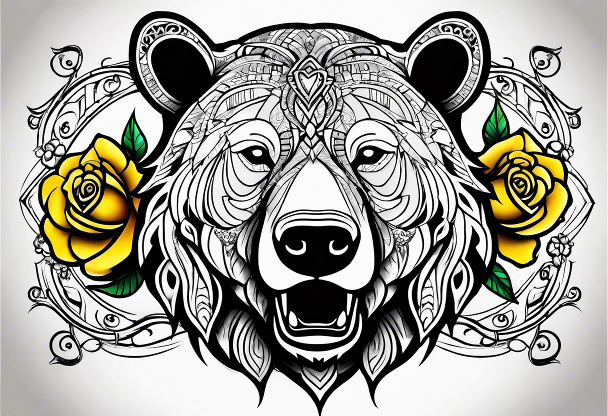 A tribal bear outline above the butterfly and yellow rose tattoo idea