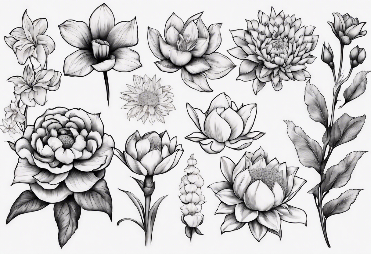 cluster of flowers that include lotus, sunflower, chrysanthemum, jasmine (or flower that symbolises luck), gardenia, mullein and gladiolus tattoo idea