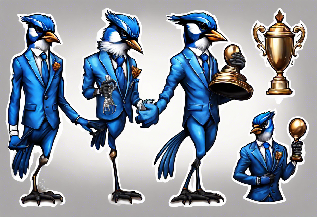 bluejay in a suit holding a trophy tattoo idea