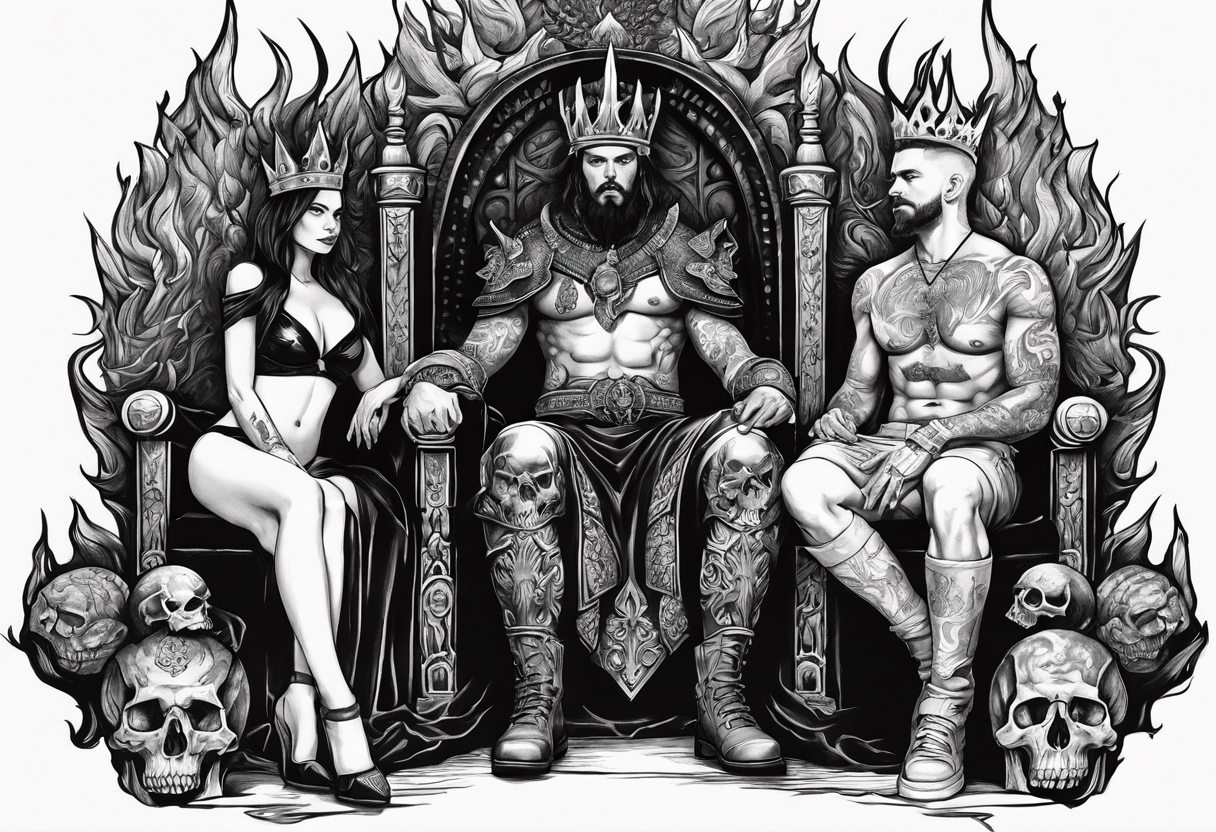 A man wearing a black crown sitting on a throne and a women standing next to him in Hell sitting on skulls with flame above tattoo idea