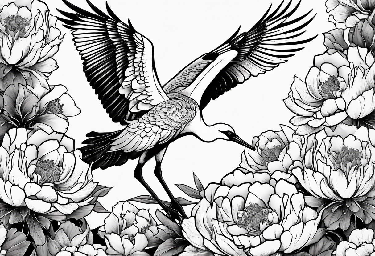 Japanese crane flying through peonies tattoo idea