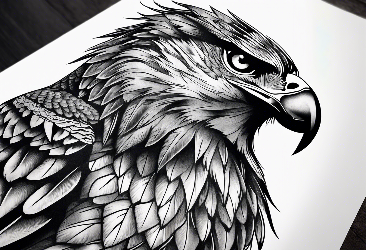 Black and grey tattoo of a Hawk beside a wolf in nature tattoo idea