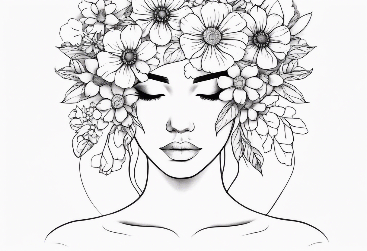 fine line tattoo with woman facing forward flowers covering her eyes and forehead with flowers growing out of her head tattoo idea