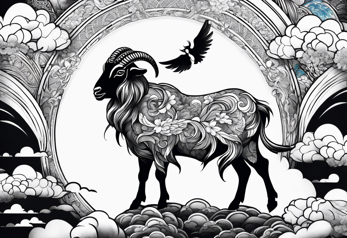 full body goat with kumo clouds in traditional Japanese art style tattoo idea