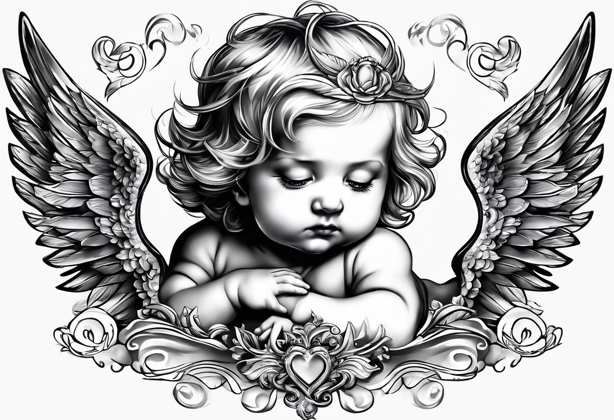 A baby angel with the letters Lev Livet Mens du kan tattoo idea