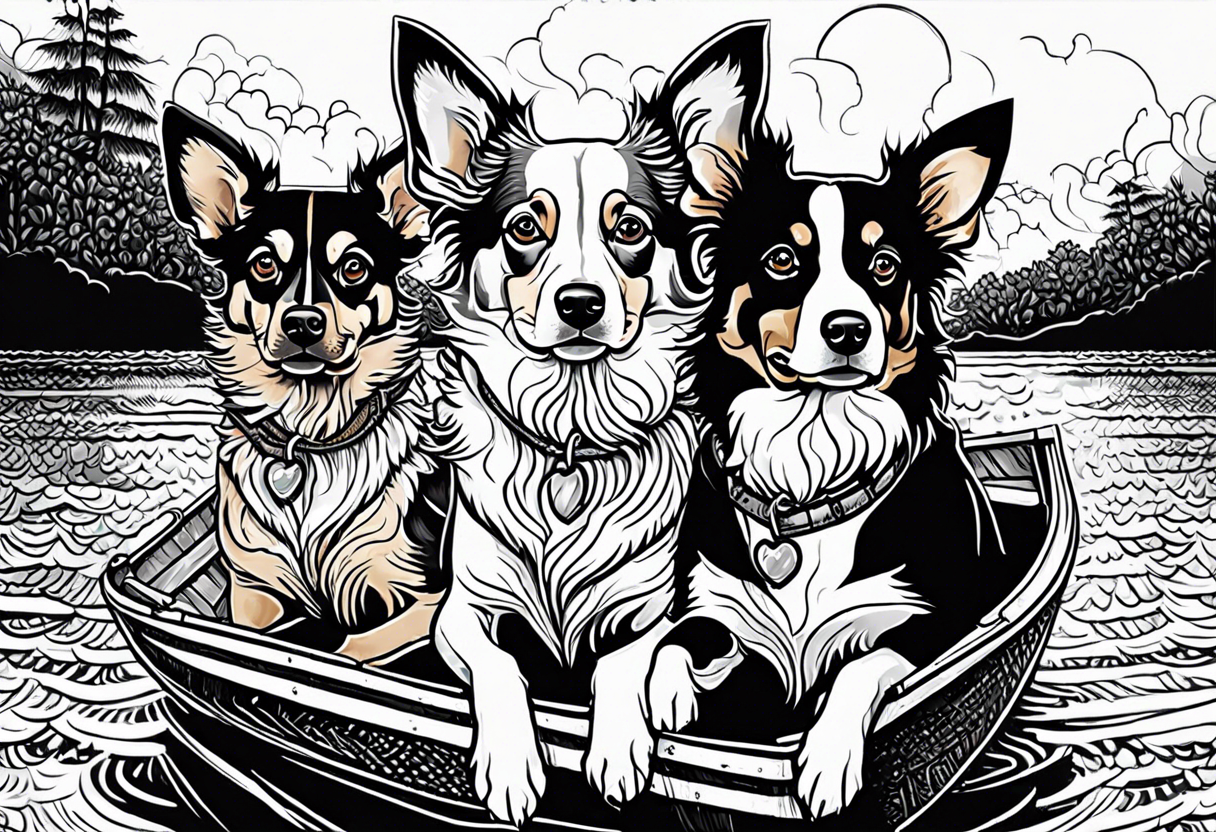 two dogs in a boat. One dog is tan with big ears like a chihuahua. The other dog is black and white and looks like an australian shepherd with floppy ears tattoo idea