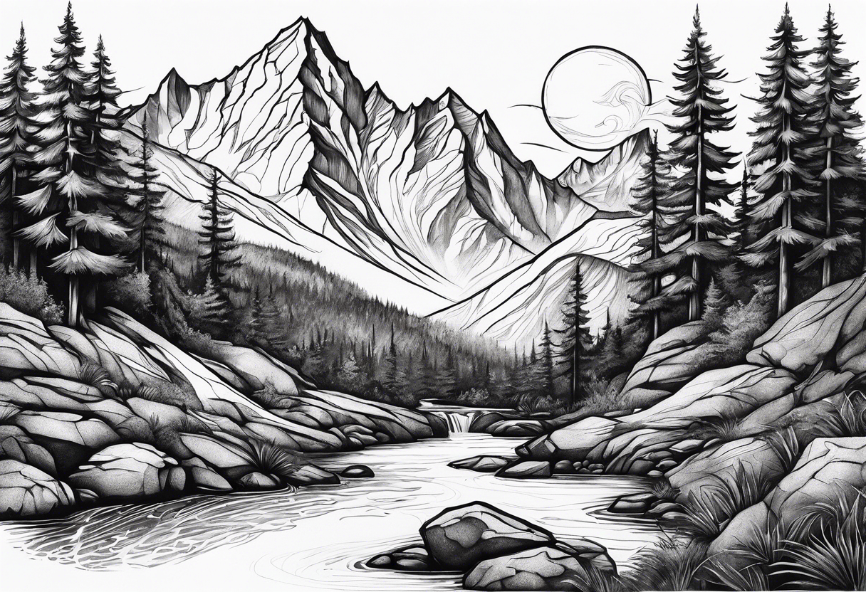 mountains, stream and nature tattoo idea