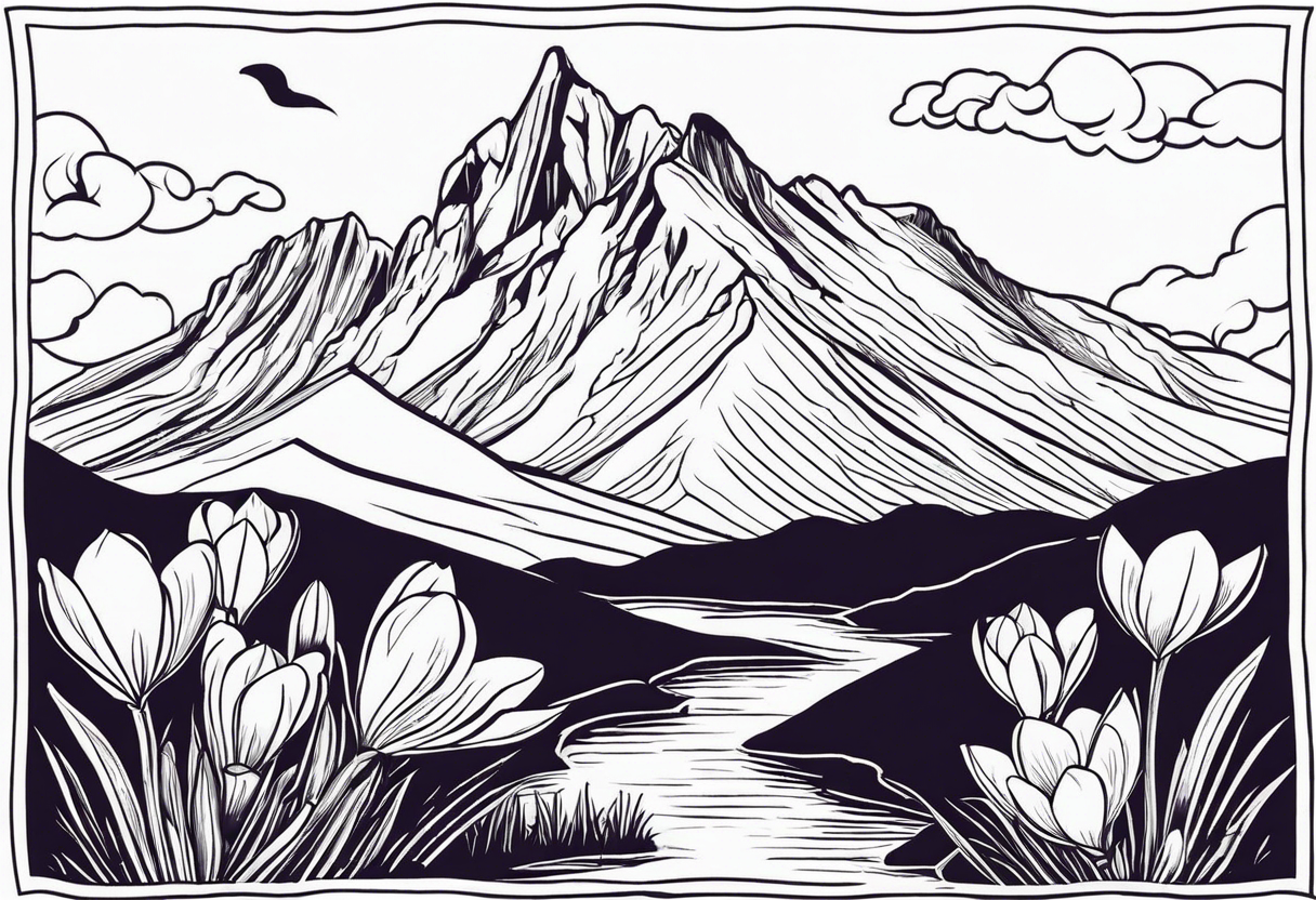 composition with mountain (Gran Sasso) with Crocus flowers, and an explorer trekking. Do not enter rivers and trees. Do it in color. The design style must be that of Old School Traditional Tattoo. tattoo idea