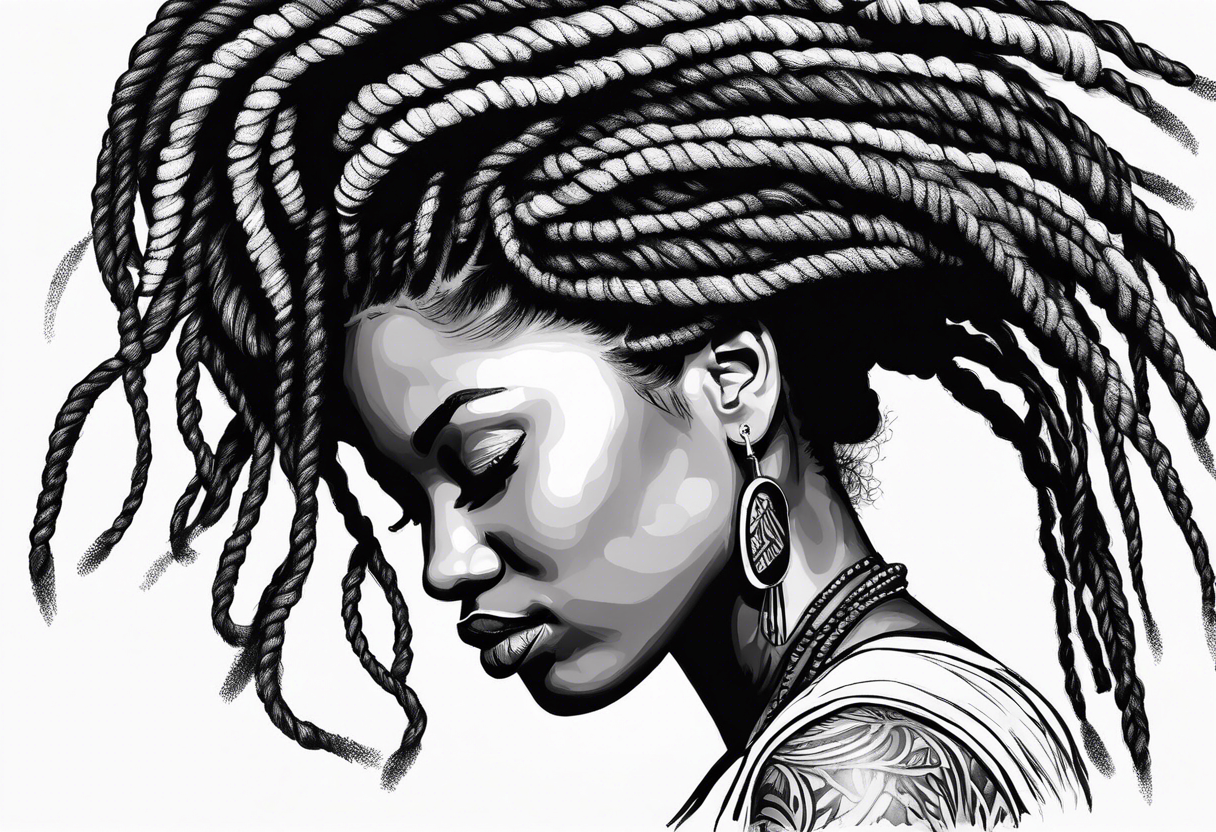 Draw a women head with real dread locks flying in the air, tattoo idea